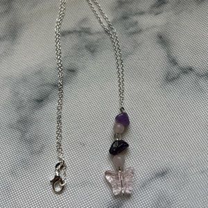 Butterfly charm necklace with pink rose quartz and purple amethyst beads